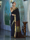 Banarasee Handloom Cotton Silk Plain Saree With Contrast Pallu & Border-Black & Brown