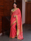Bhagalpur Handloom Pure Linen Saree With Mirror Work & Contrast Border-Pastel Red
