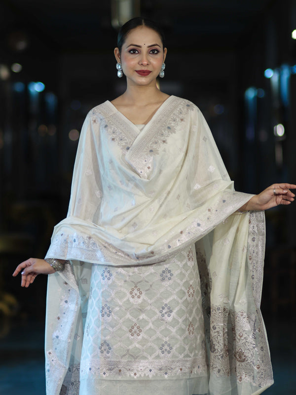 Banarasee Cotton Silk Zari Work Salwar Kameez Fabric With Dupatta Set-White