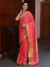 Bhagalpur Handloom Pure Linen Saree With Mirror Work & Contrast Border-Pastel Red