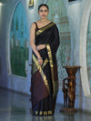 Banarasee Handloom Cotton Silk Plain Saree With Contrast Pallu & Border-Black & Brown