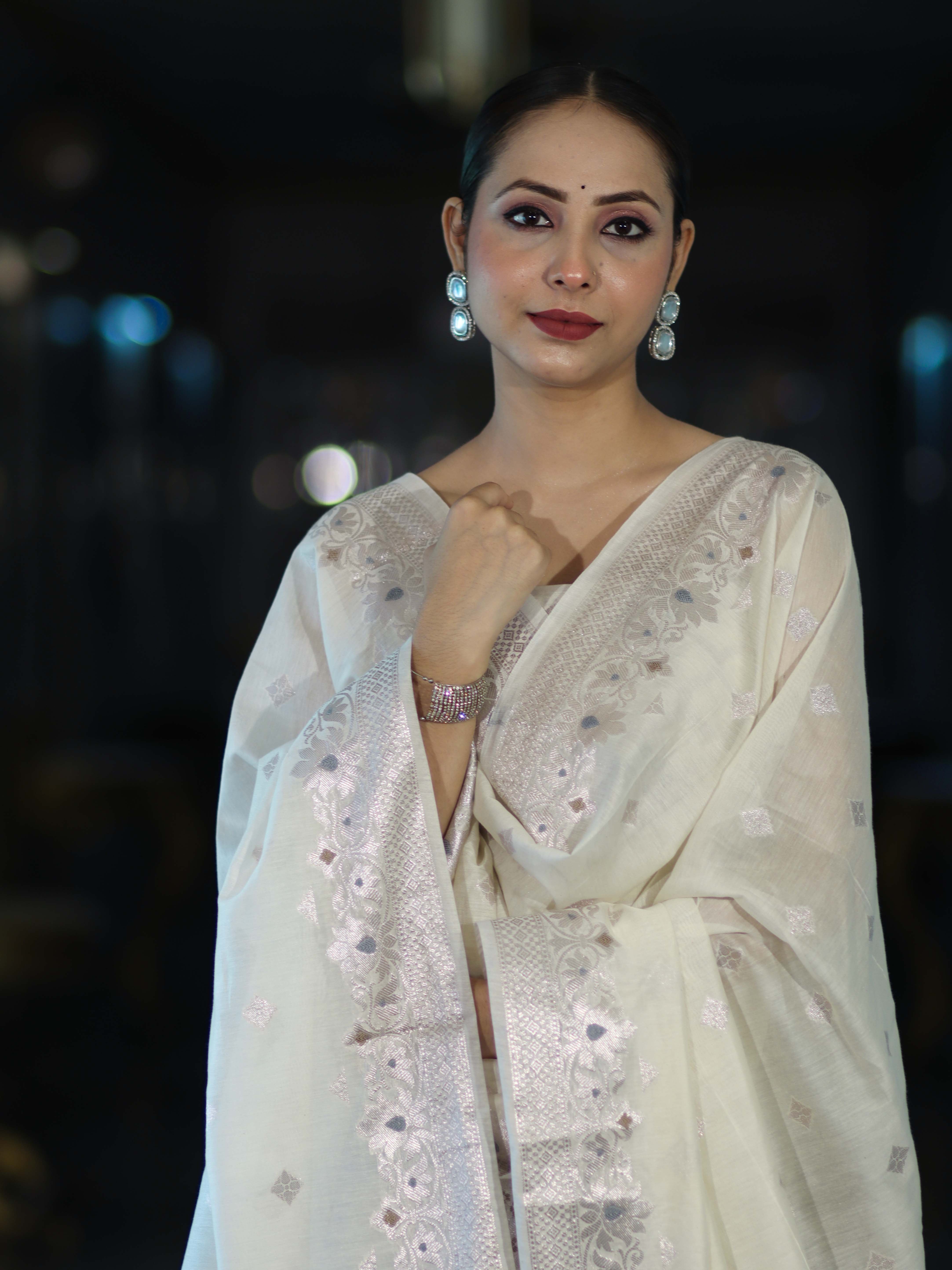 Banarasee Cotton Silk Zari Work Salwar Kameez Fabric With Dupatta Set-White