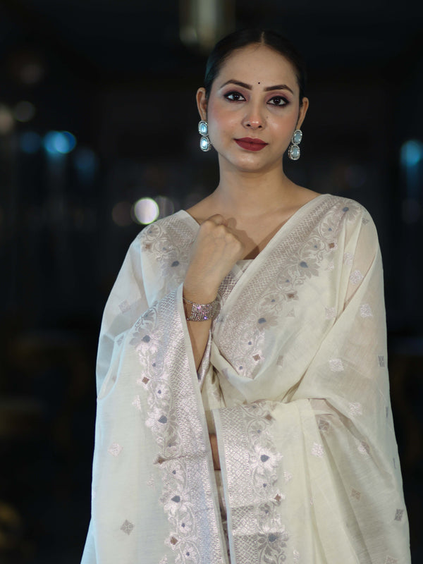 Banarasee Cotton Silk Zari Work Salwar Kameez Fabric With Dupatta Set-White