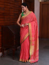 Bhagalpur Handloom Pure Linen Saree With Mirror Work & Contrast Border-Pastel Red