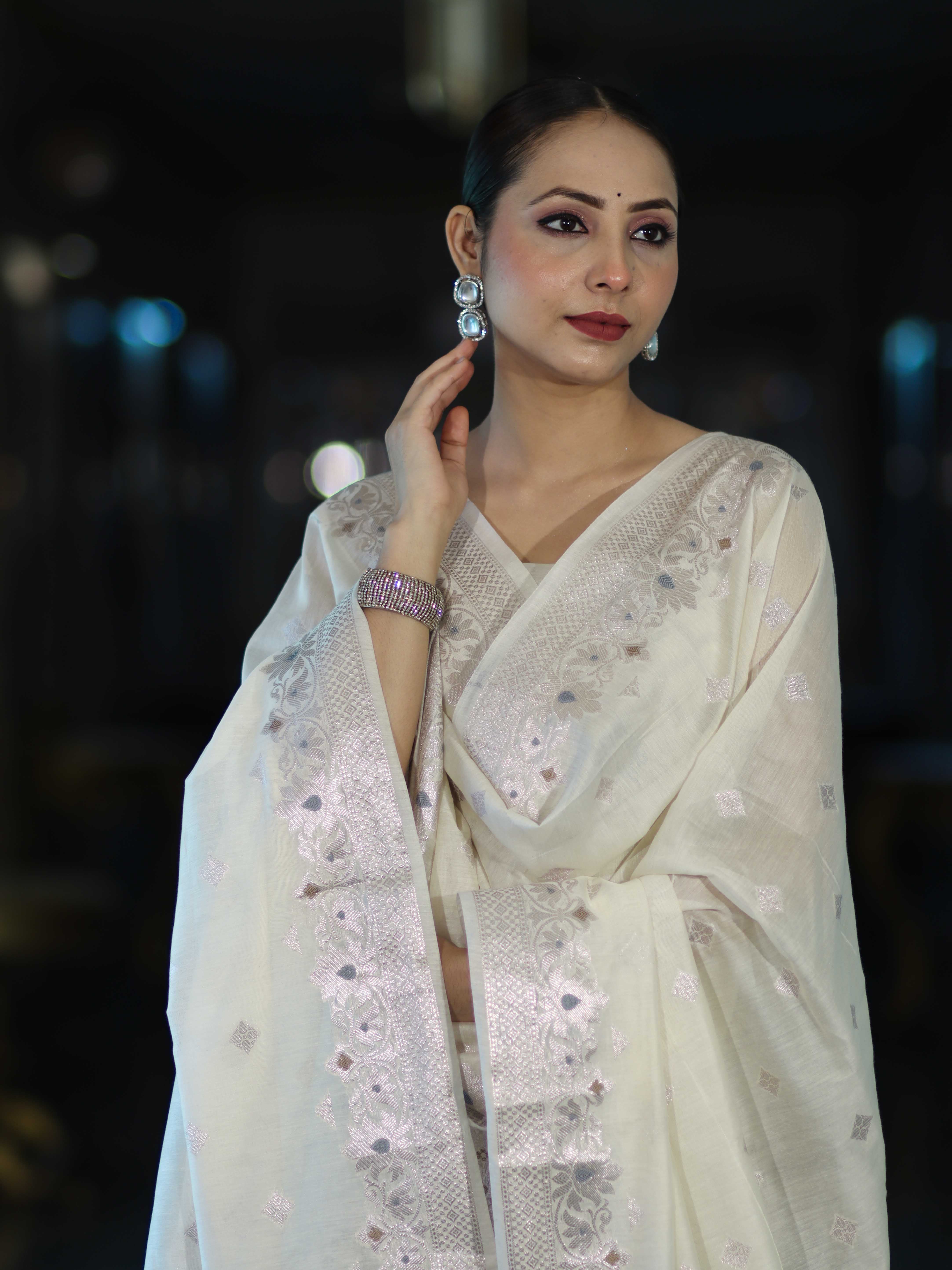 Banarasee Cotton Silk Zari Work Salwar Kameez Fabric With Dupatta Set-White
