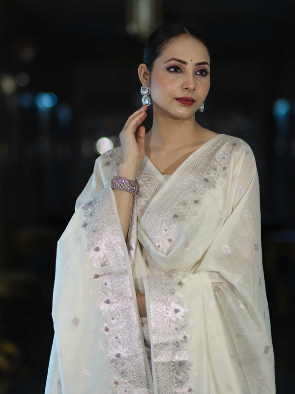 Banarasee Cotton Silk Zari Work Salwar Kameez Fabric With Dupatta Set-White
