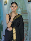 Banarasee Handloom Cotton Silk Plain Saree With Contrast Pallu & Border-Black & Brown