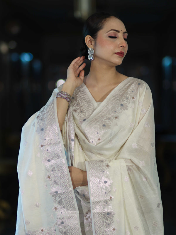 Banarasee Cotton Silk Zari Work Salwar Kameez Fabric With Dupatta Set-White