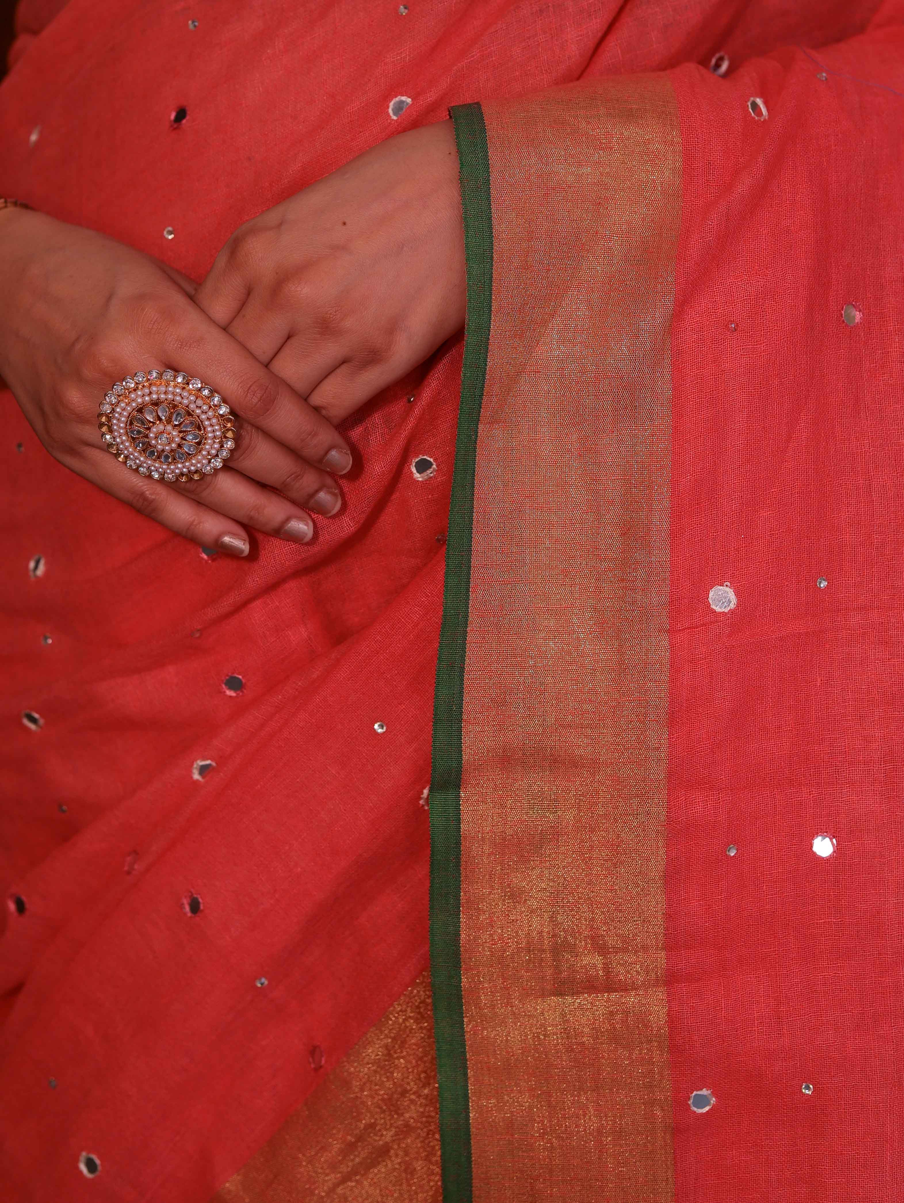 Bhagalpur Handloom Pure Linen Saree With Mirror Work & Contrast Border-Pastel Red