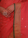 Bhagalpur Handloom Pure Linen Saree With Mirror Work & Contrast Border-Pastel Red