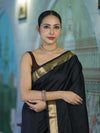 Banarasee Handloom Cotton Silk Plain Saree With Contrast Pallu & Border-Black & Brown