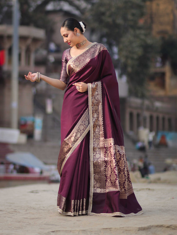 Banarasee Handloom Semi Silk Plain Saree With Zari Border & Lace-Burgundy