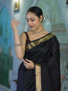 Banarasee Handloom Cotton Silk Plain Saree With Contrast Pallu & Border-Black & Brown
