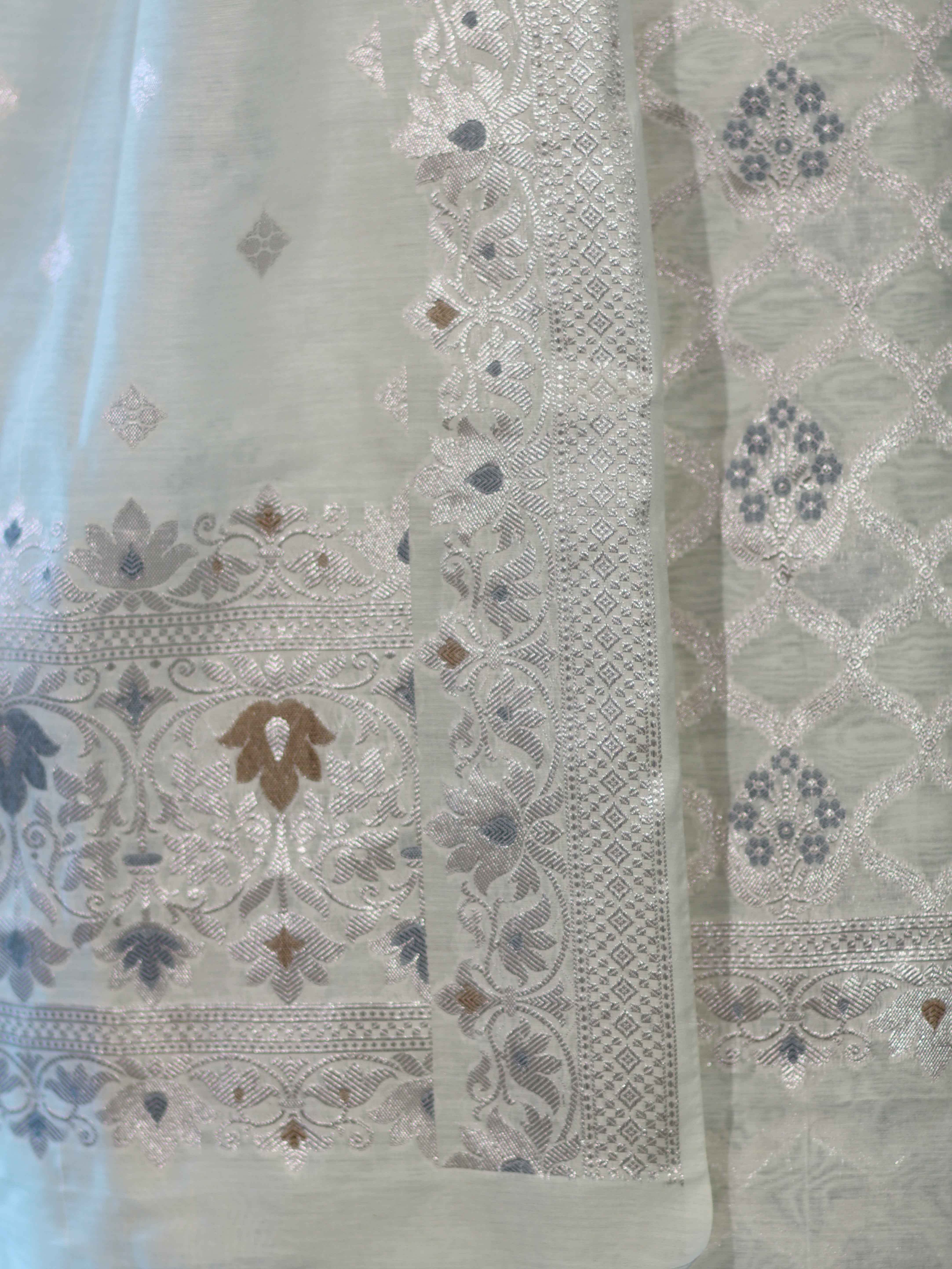 Banarasee Cotton Silk Zari Work Salwar Kameez Fabric With Dupatta Set-White