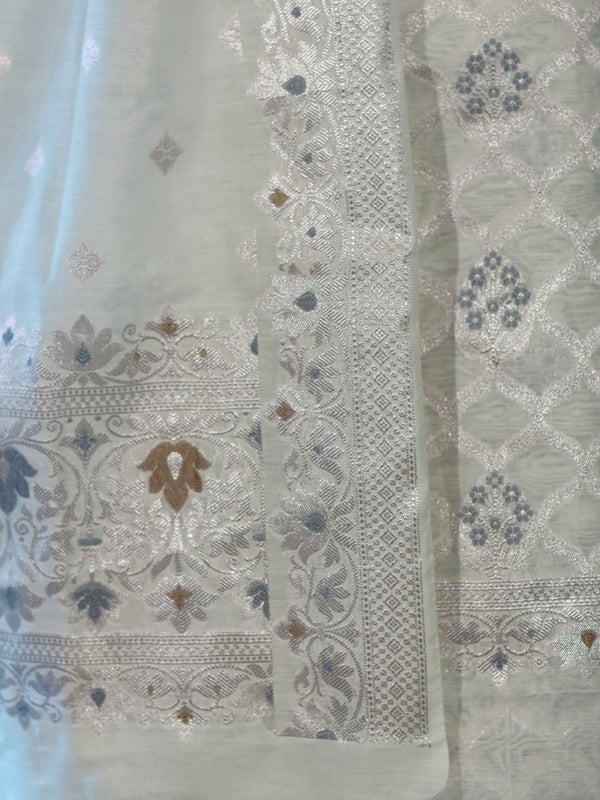 Banarasee Cotton Silk Zari Work Salwar Kameez Fabric With Dupatta Set-White