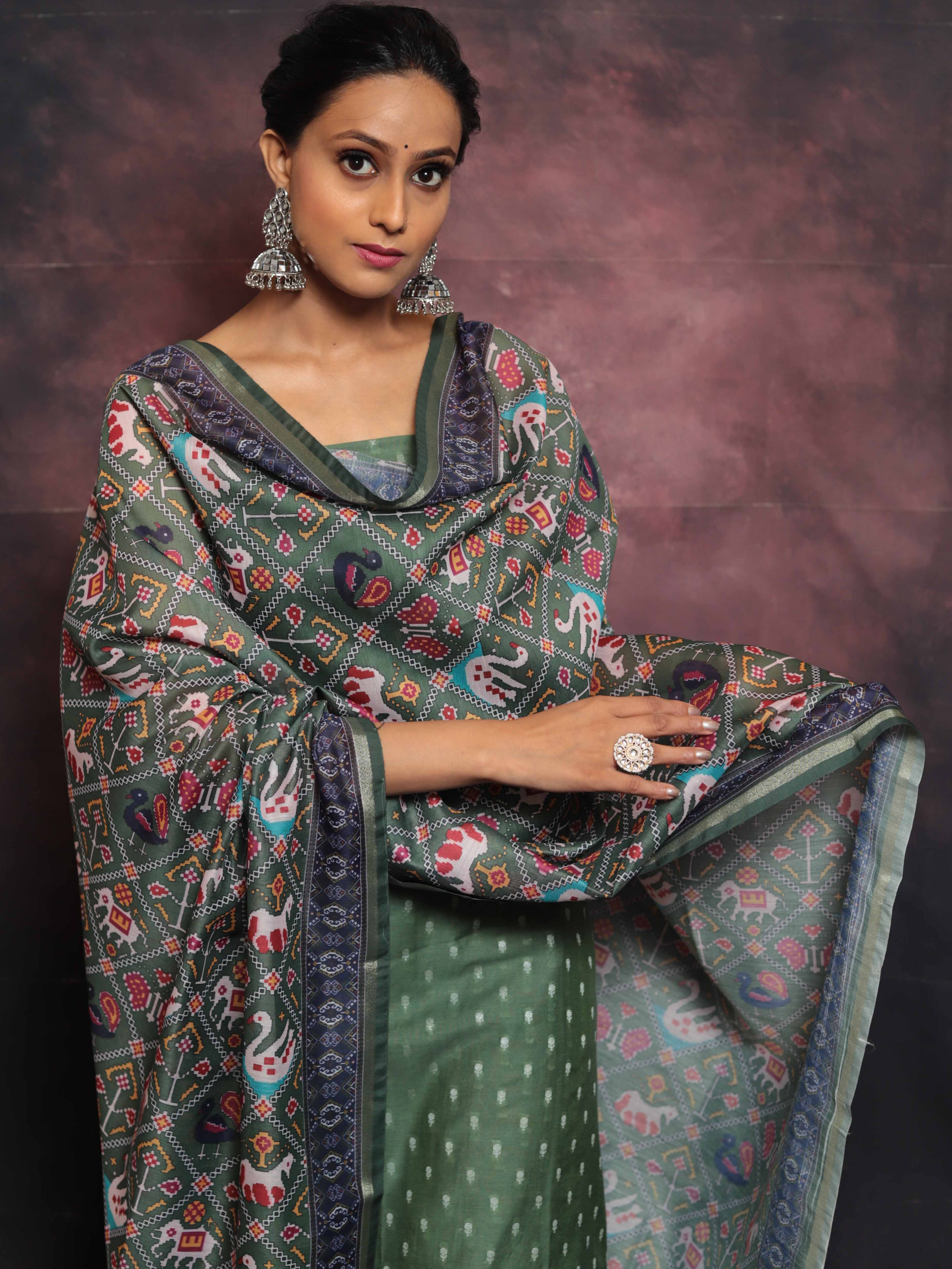 Banarasee Chanderi Silk Zari Buti Salwar Kameez With Patola Dupatta-Green