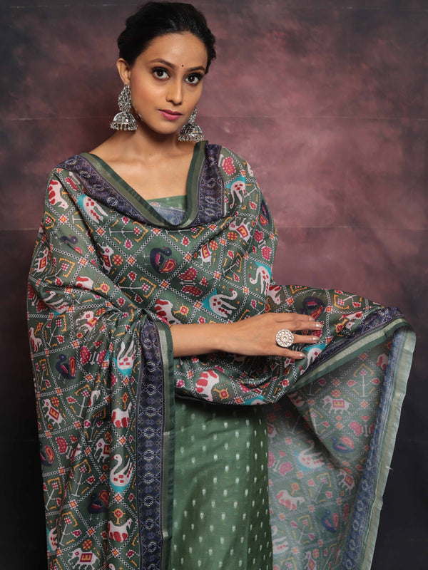 Banarasee Chanderi Silk Zari Buti Salwar Kameez With Patola Dupatta-Green
