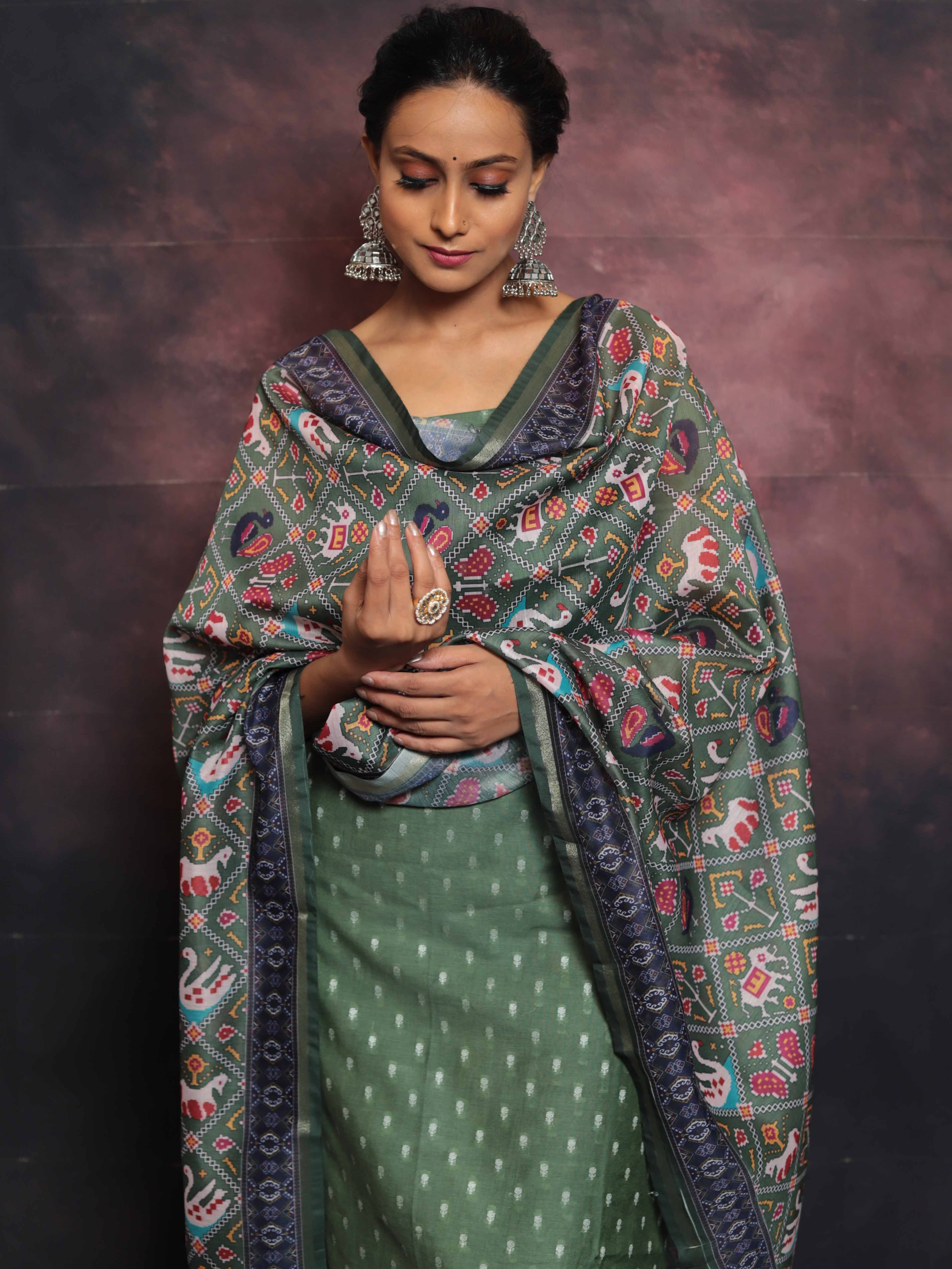 Banarasee Chanderi Silk Zari Buti Salwar Kameez With Patola Dupatta-Green