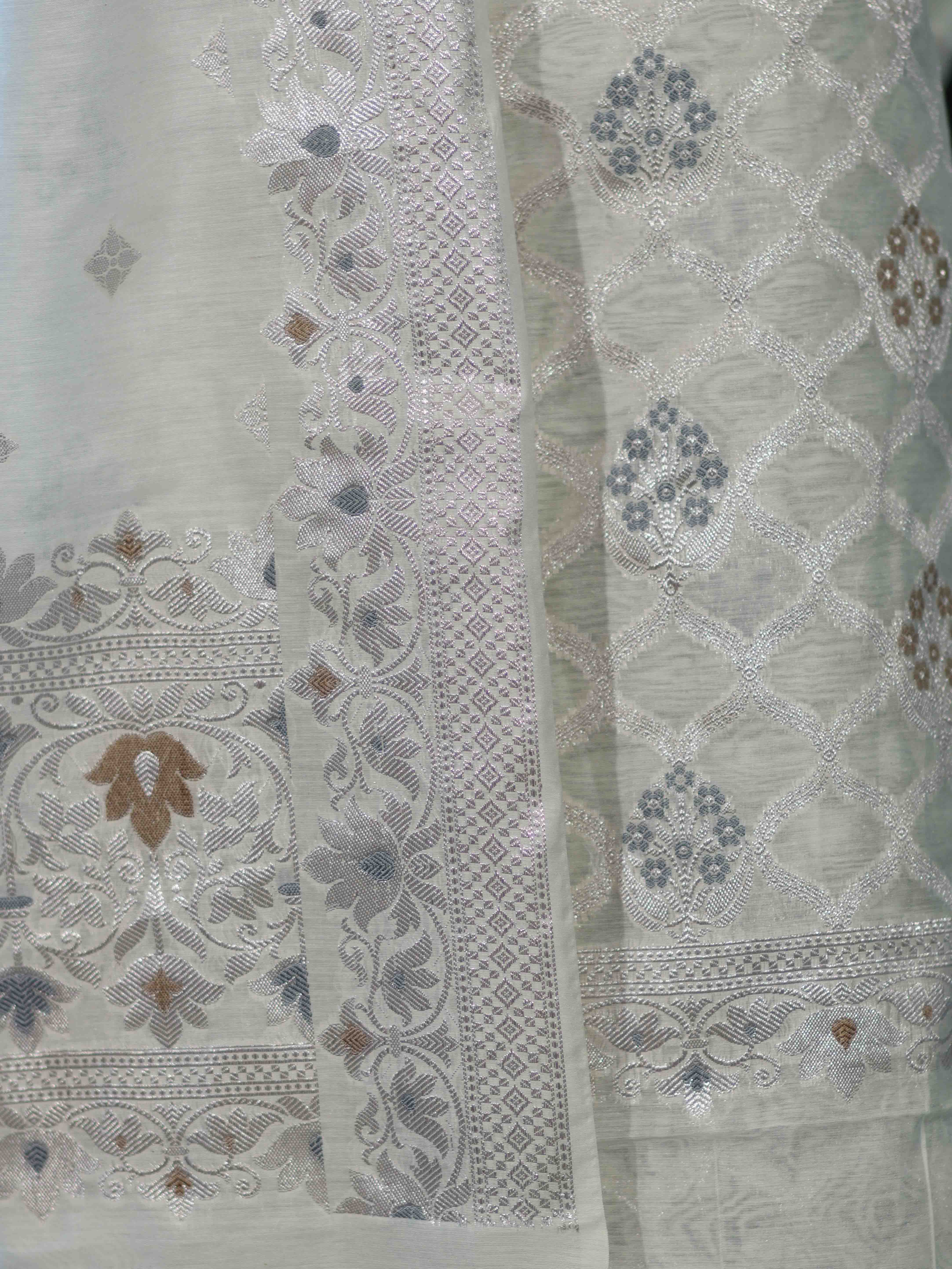 Banarasee Cotton Silk Zari Work Salwar Kameez Fabric With Dupatta Set-White