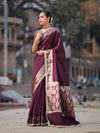 Banarasee Handloom Semi Silk Plain Saree With Zari Border & Lace-Burgundy
