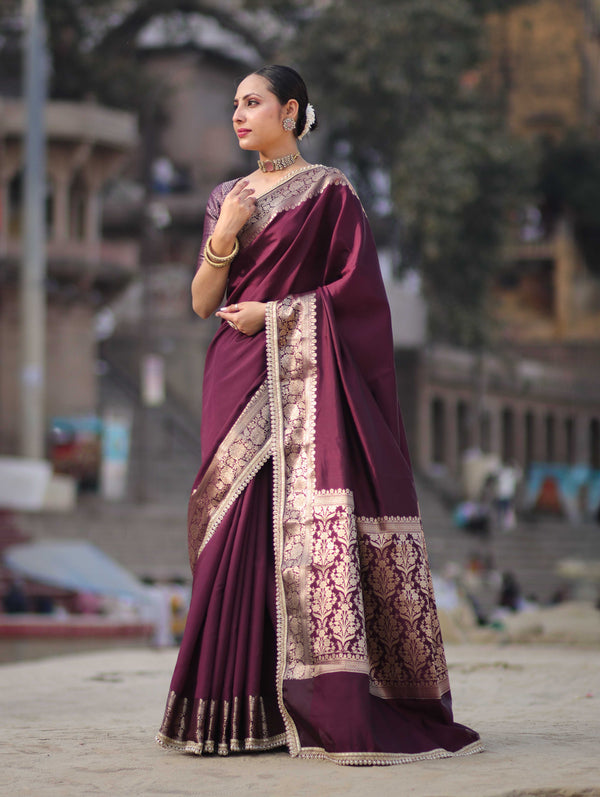 Banarasee Handloom Semi Silk Plain Saree With Zari Border & Lace-Burgundy