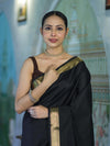 Banarasee Handloom Cotton Silk Plain Saree With Contrast Pallu & Border-Black & Brown