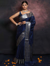 Banarasee Handwoven Semi Silk Saree With Silver Zari Border-Blue