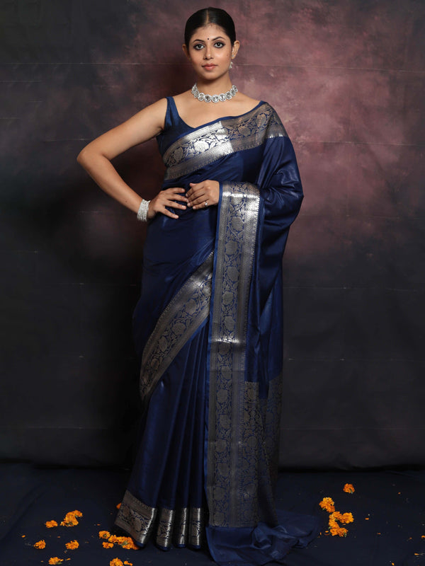 Banarasee Handwoven Semi Silk Saree With Silver Zari Border-Blue