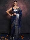 Banarasee Handwoven Semi Silk Saree With Silver Zari Border-Blue
