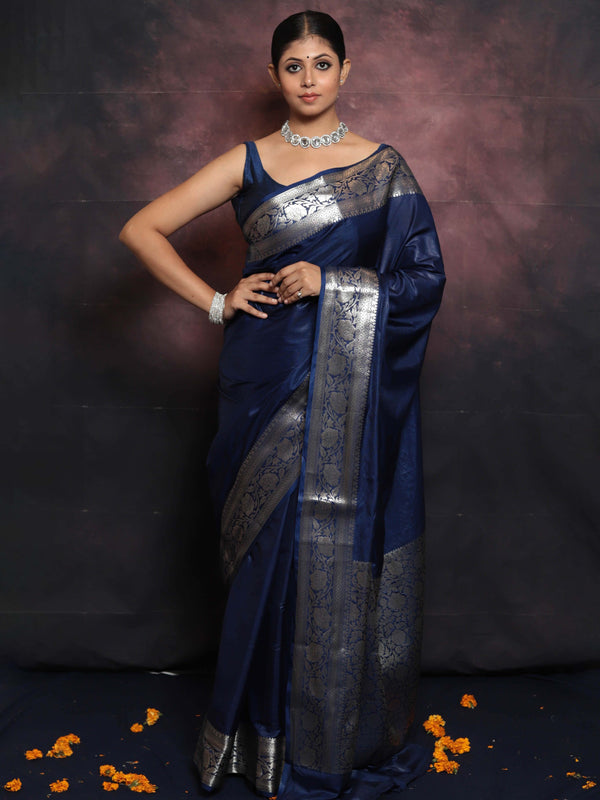 Banarasee Handwoven Semi Silk Saree With Silver Zari Border-Blue