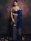 Banarasee Handwoven Semi Silk Saree With Silver Zari Border-Blue