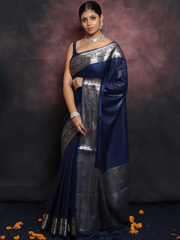 Banarasee Handwoven Semi Silk Saree With Silver Zari Border-Blue