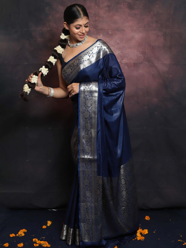 Banarasee Handwoven Semi Silk Saree With Silver Zari Border-Blue