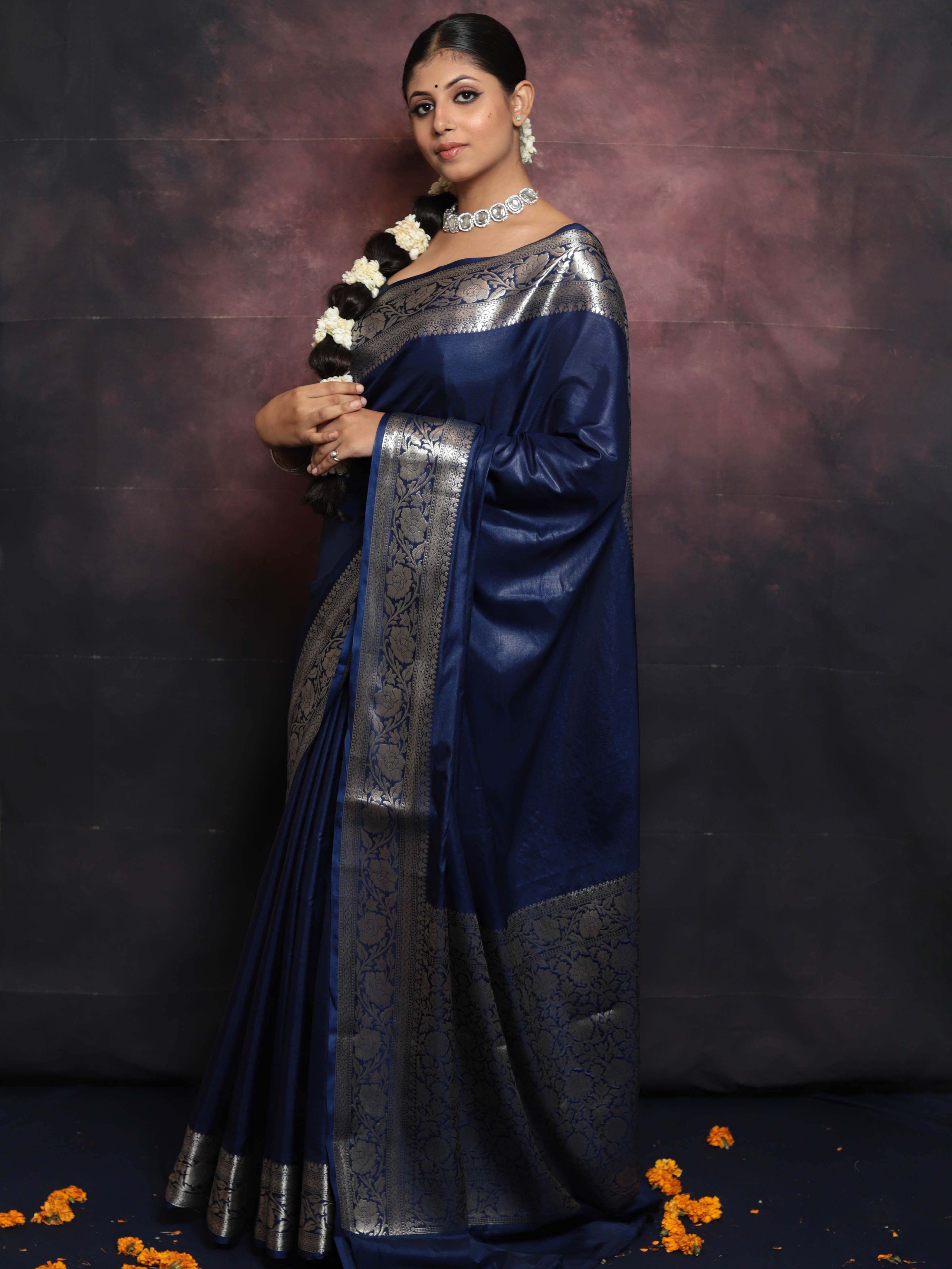 Banarasee Handwoven Semi Silk Saree With Silver Zari Border-Blue