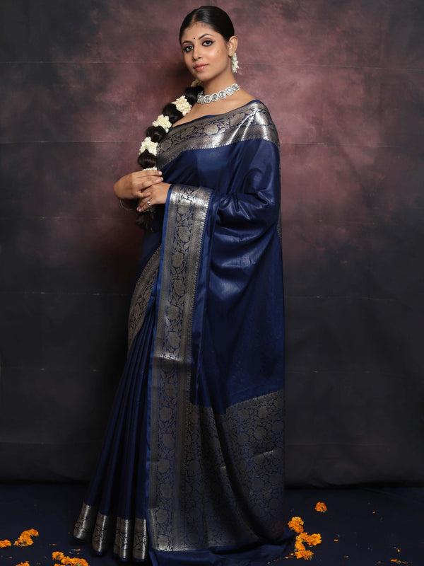 Banarasee Handwoven Semi Silk Saree With Silver Zari Border-Blue