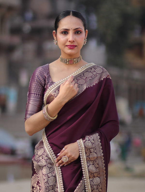 Banarasee Handloom Semi Silk Plain Saree With Zari Border & Lace-Burgundy