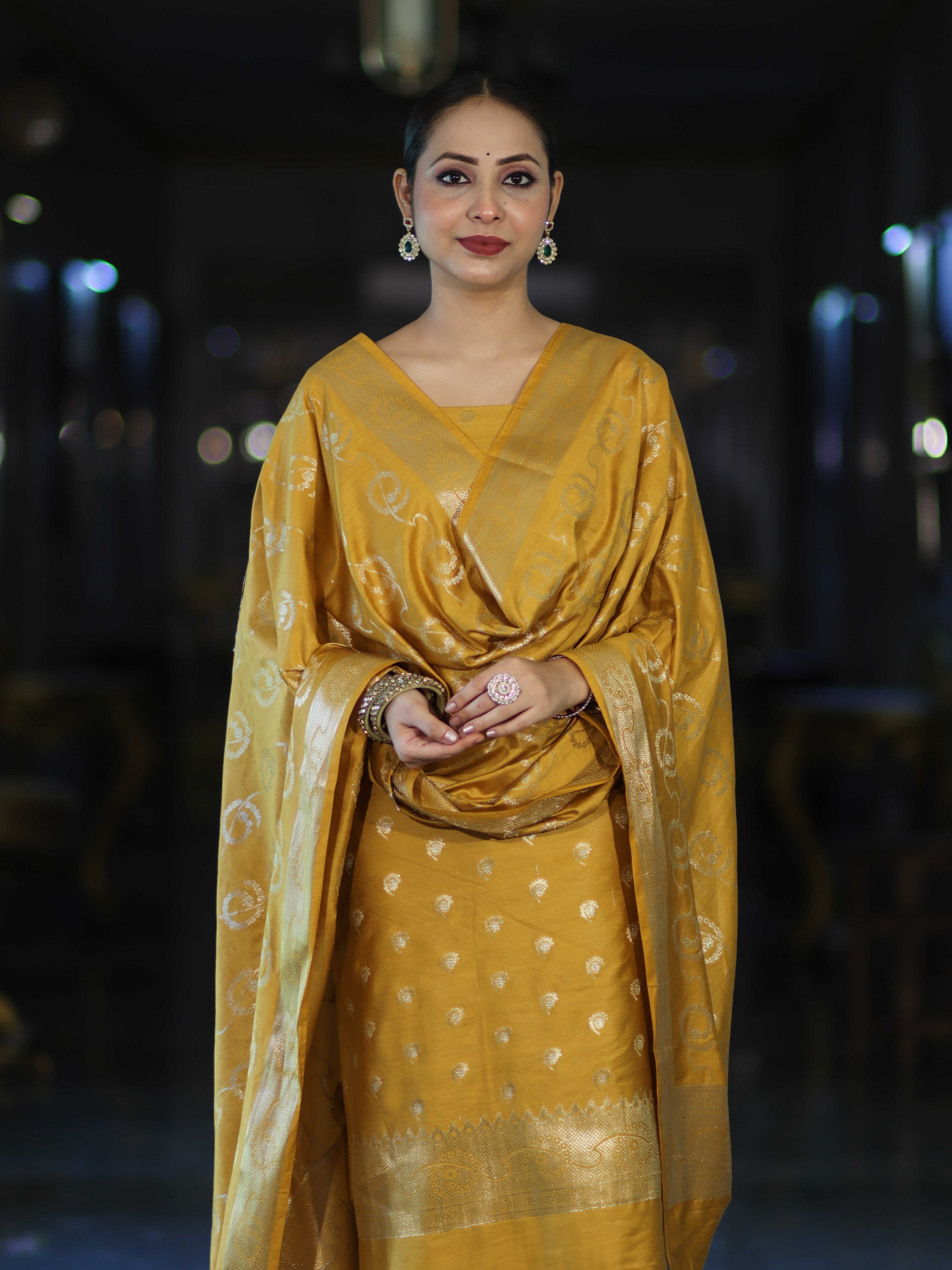 Banarasee Zari Embroidered Chanderi Silk Salwar Kameez With Dupatta Set-Mustard Yellow