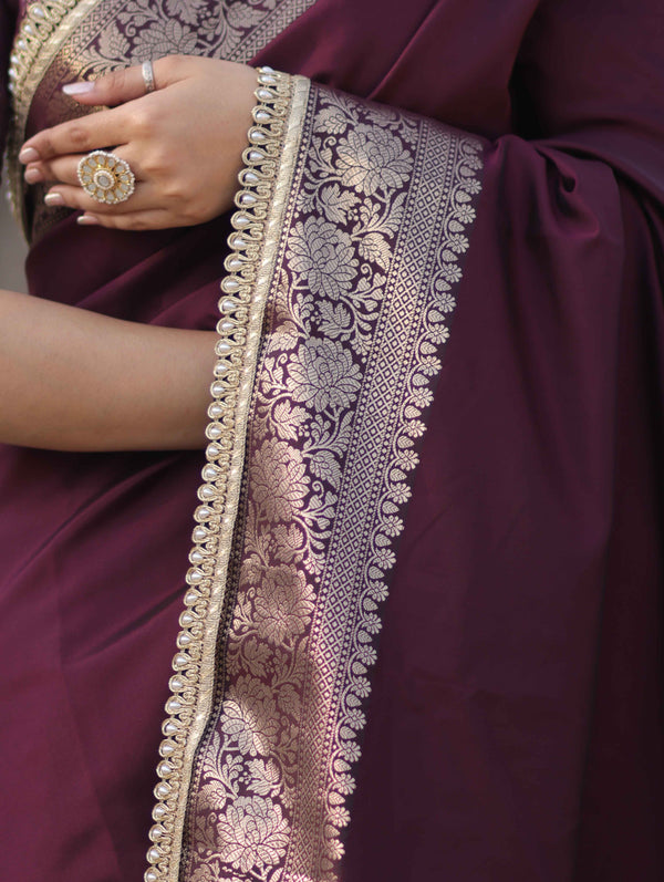 Banarasee Handloom Semi Silk Plain Saree With Zari Border & Lace-Burgundy