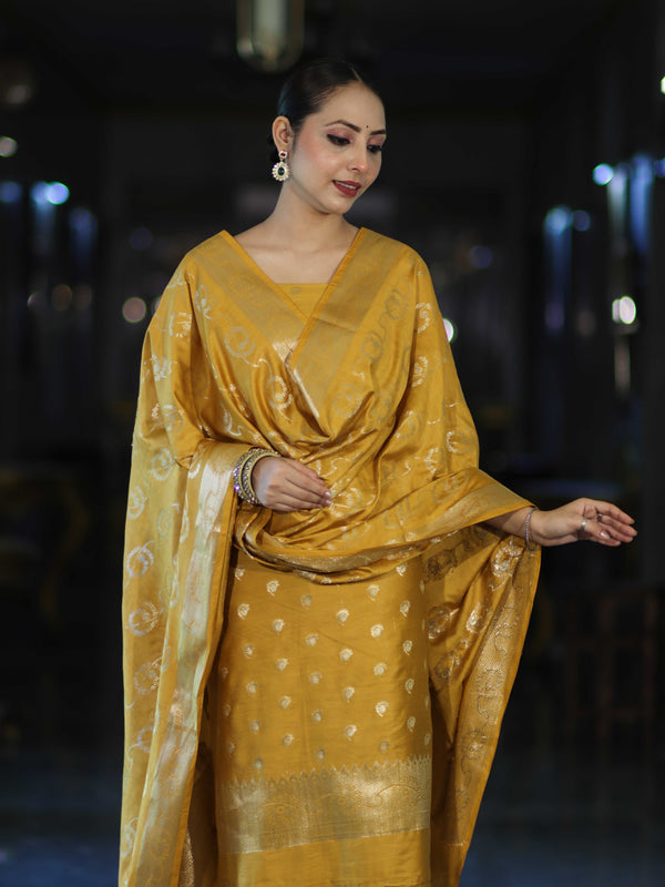 Banarasee Zari Embroidered Chanderi Silk Salwar Kameez With Dupatta Set-Mustard Yellow