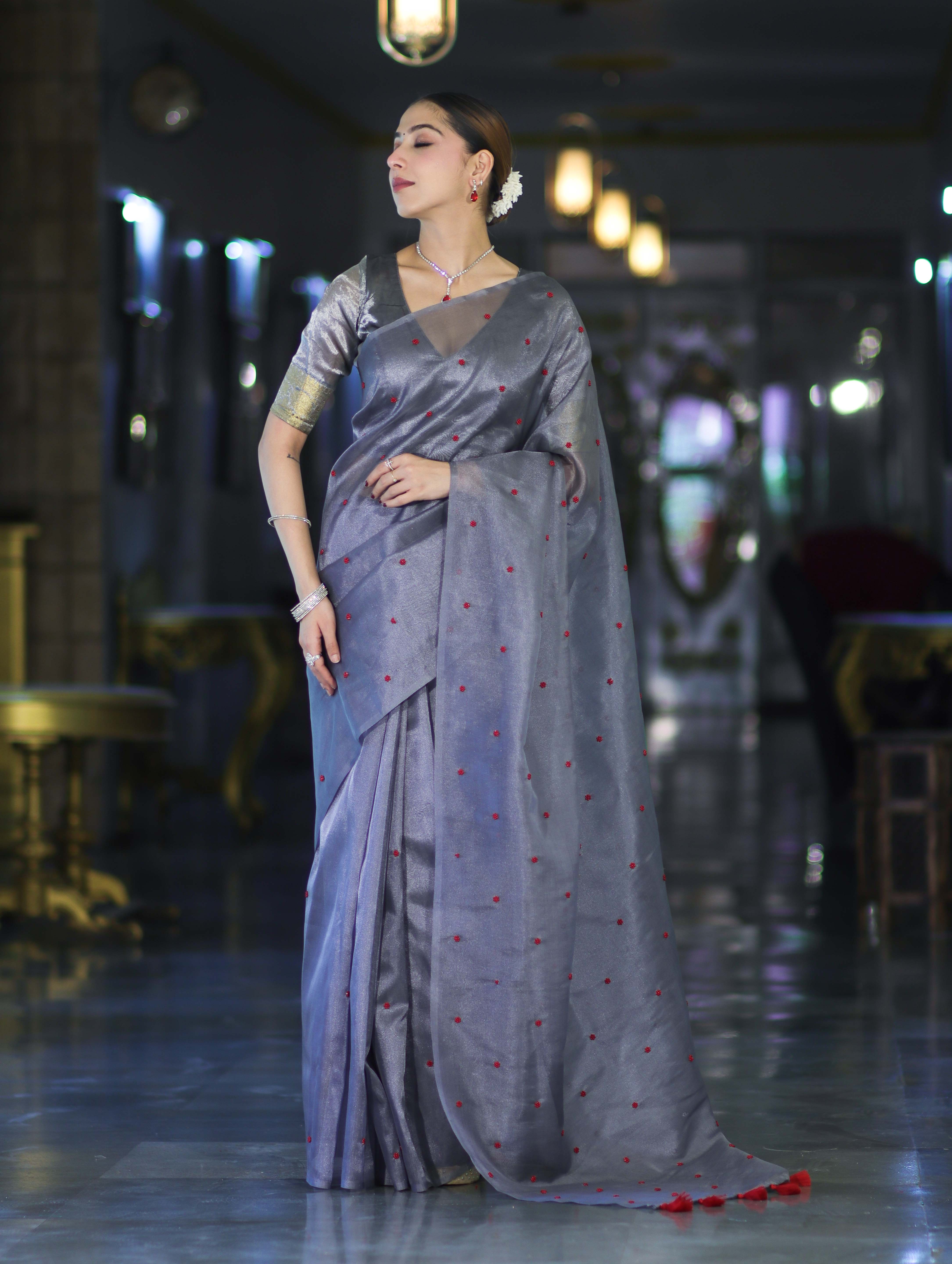 Banarasee Handwoven Tissue Saree With Handwoven Pearl Motifs-Grey