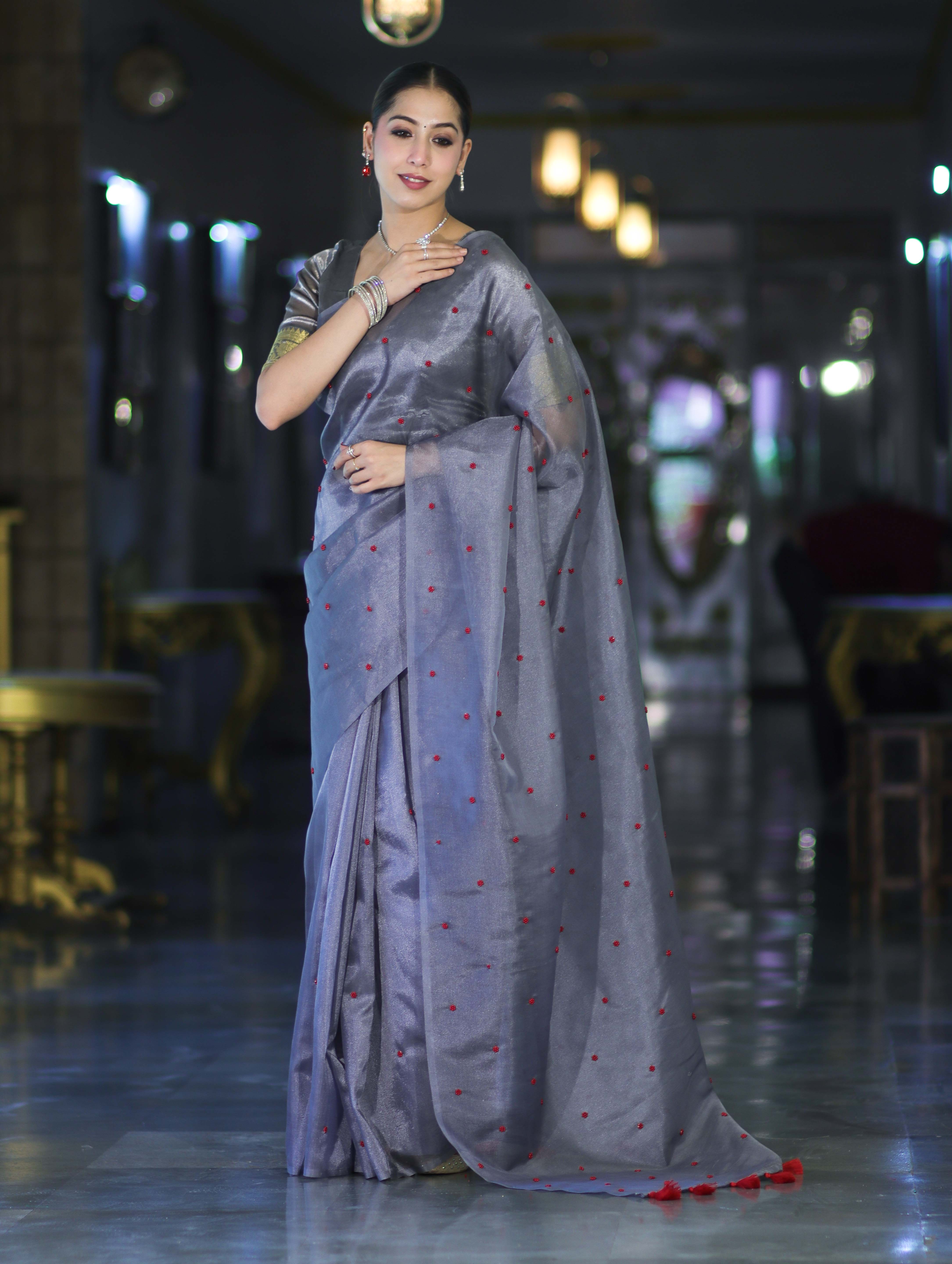 Banarasee Handwoven Tissue Saree With Handwoven Pearl Motifs-Grey