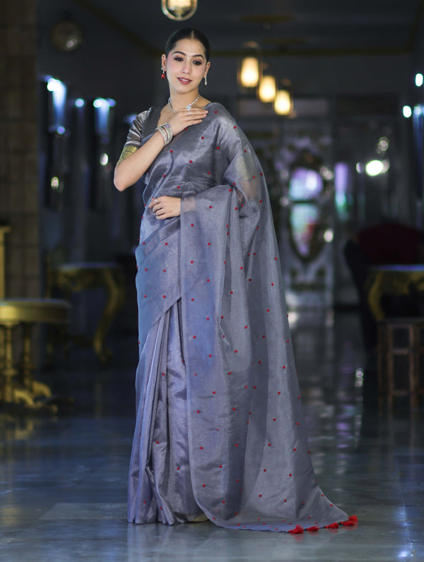 Banarasee Handwoven Tissue Saree With Handwoven Pearl Motifs-Grey