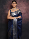 Banarasee Handwoven Semi Silk Saree With Silver Zari Border-Blue