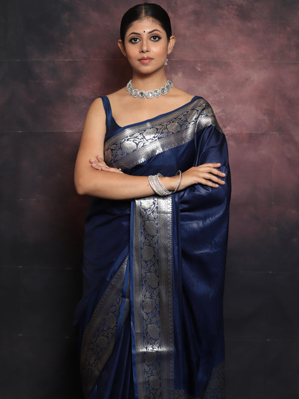 Banarasee Handwoven Semi Silk Saree With Silver Zari Border-Blue