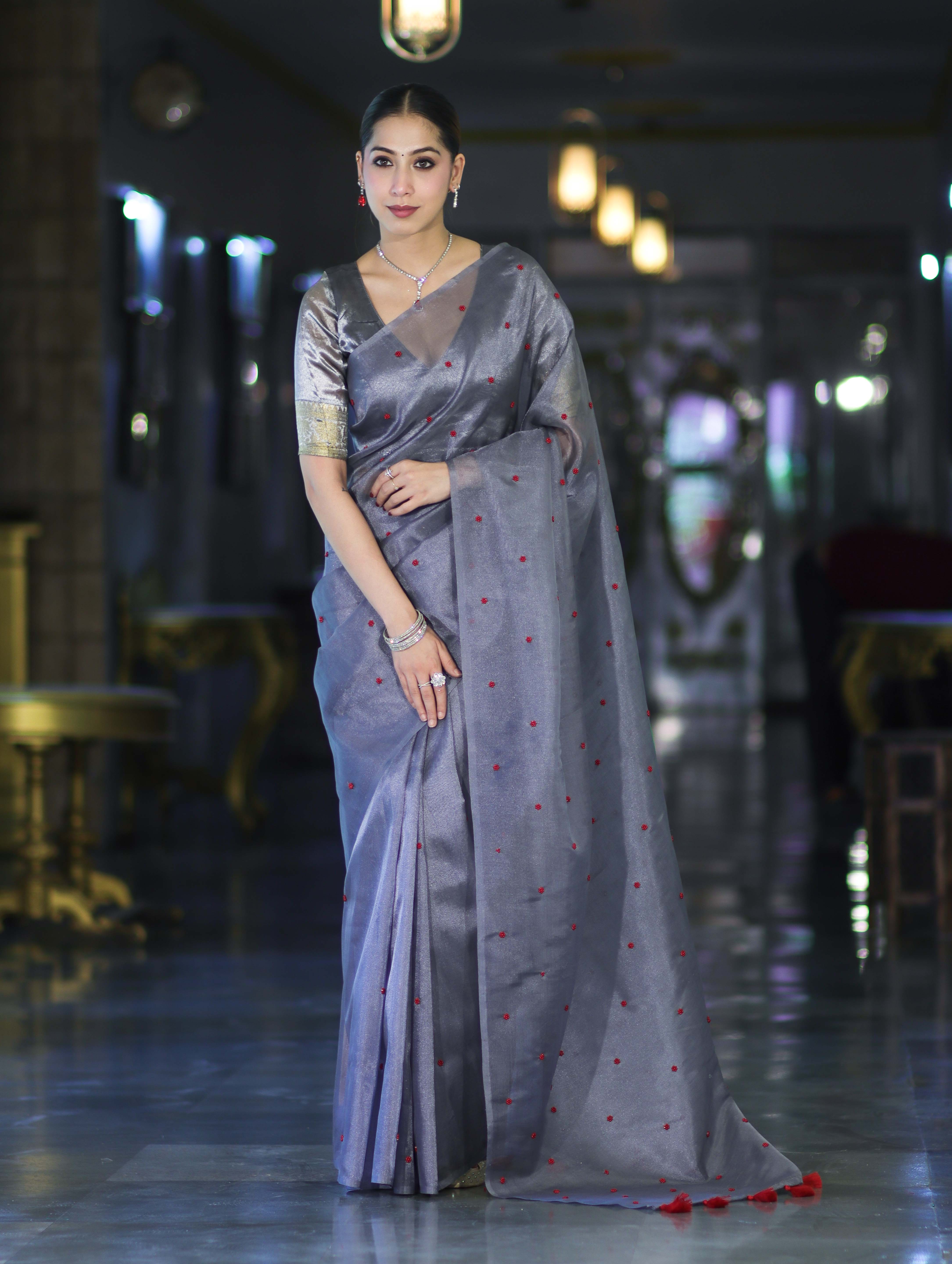 Banarasee Handwoven Tissue Saree With Handwoven Pearl Motifs-Grey