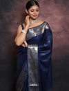 Banarasee Handwoven Semi Silk Saree With Silver Zari Border-Blue