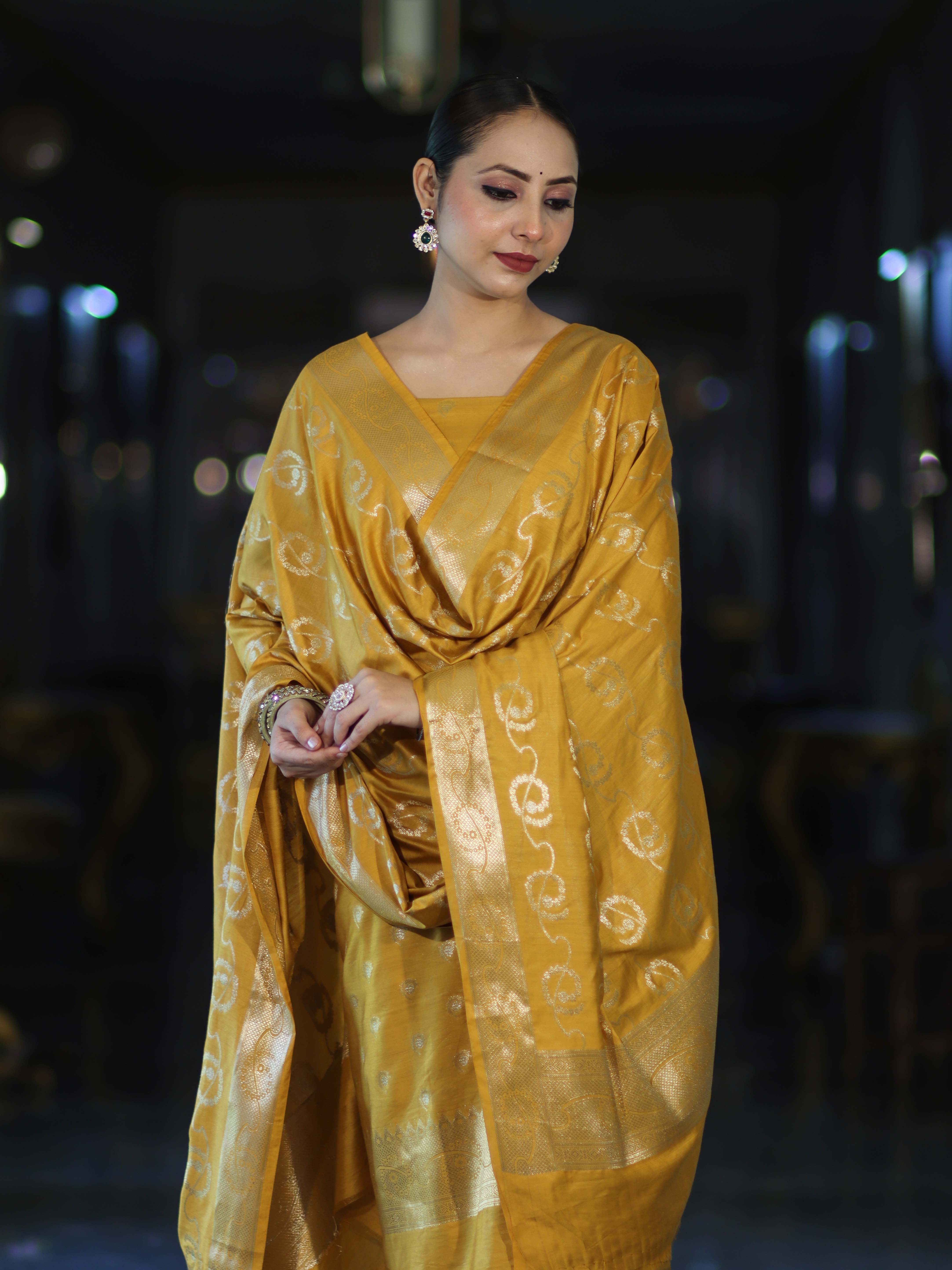 Banarasee Zari Embroidered Chanderi Silk Salwar Kameez With Dupatta Set-Mustard Yellow