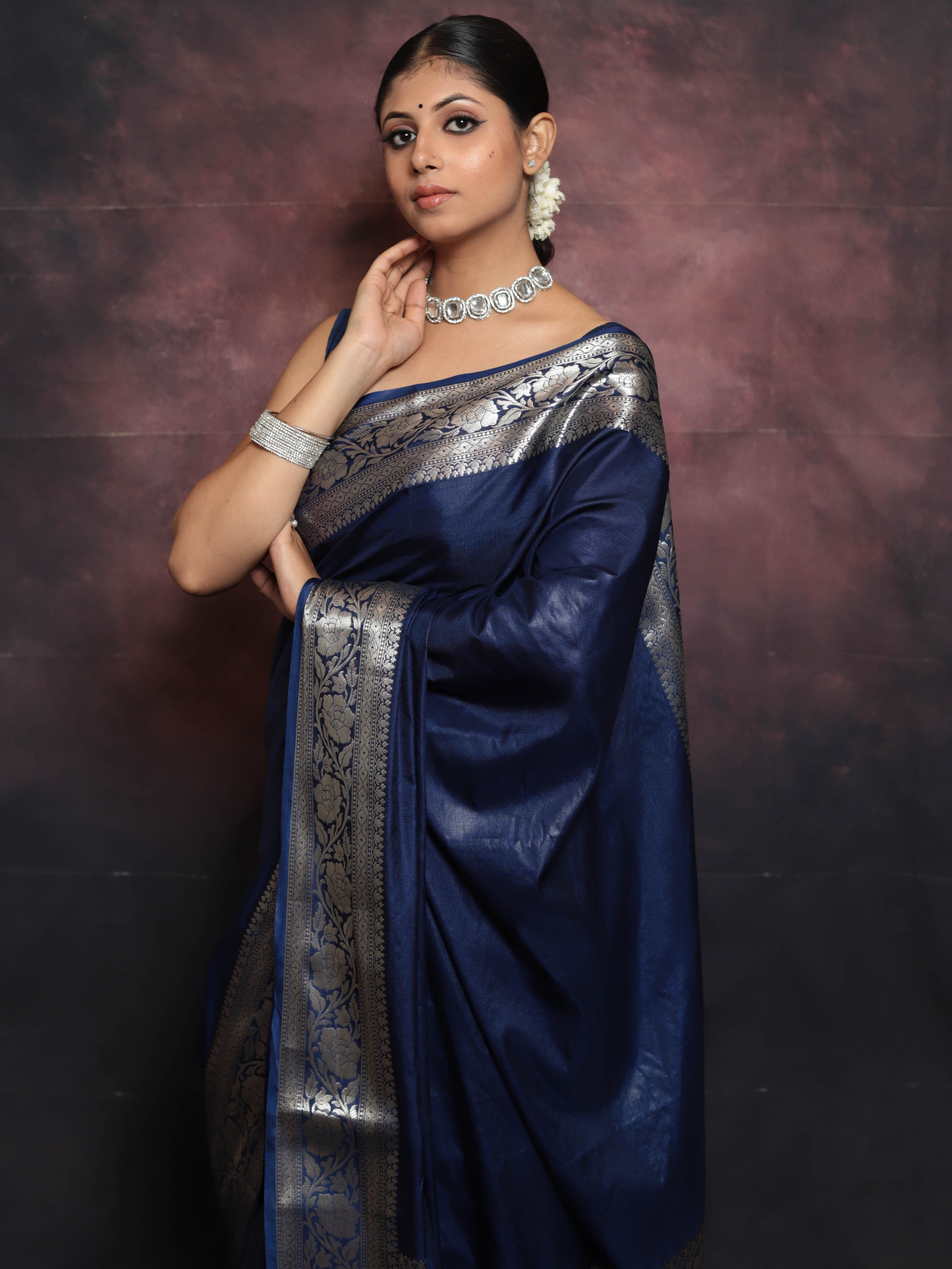 Banarasee Handwoven Semi Silk Saree With Silver Zari Border-Blue