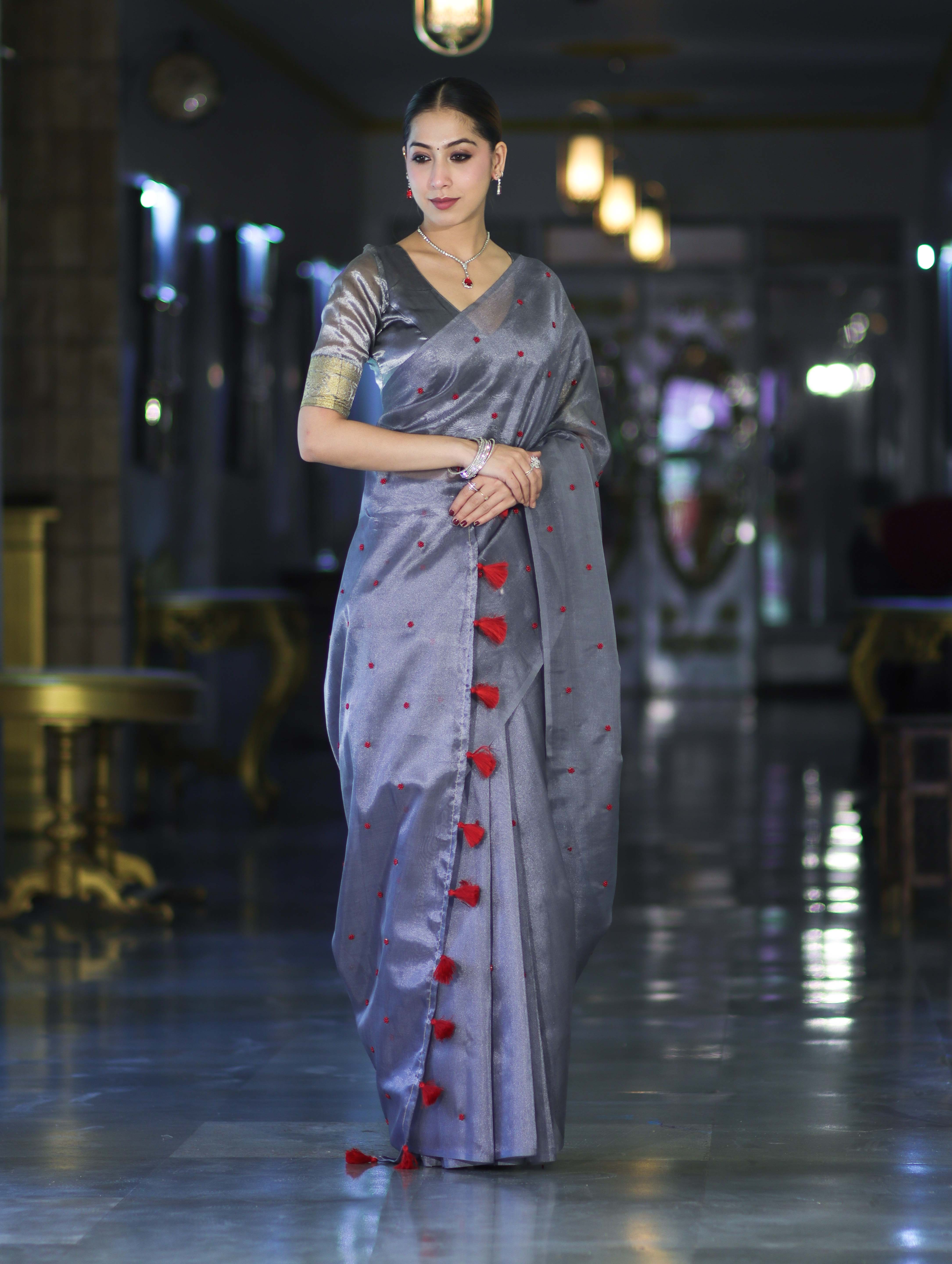 Banarasee Handwoven Tissue Saree With Handwoven Pearl Motifs-Grey