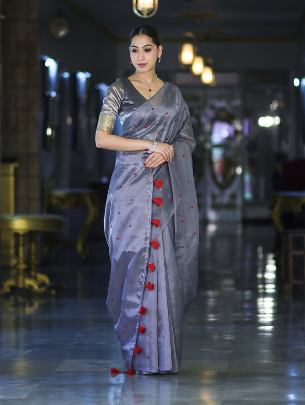 Banarasee Handwoven Tissue Saree With Handwoven Pearl Motifs-Grey